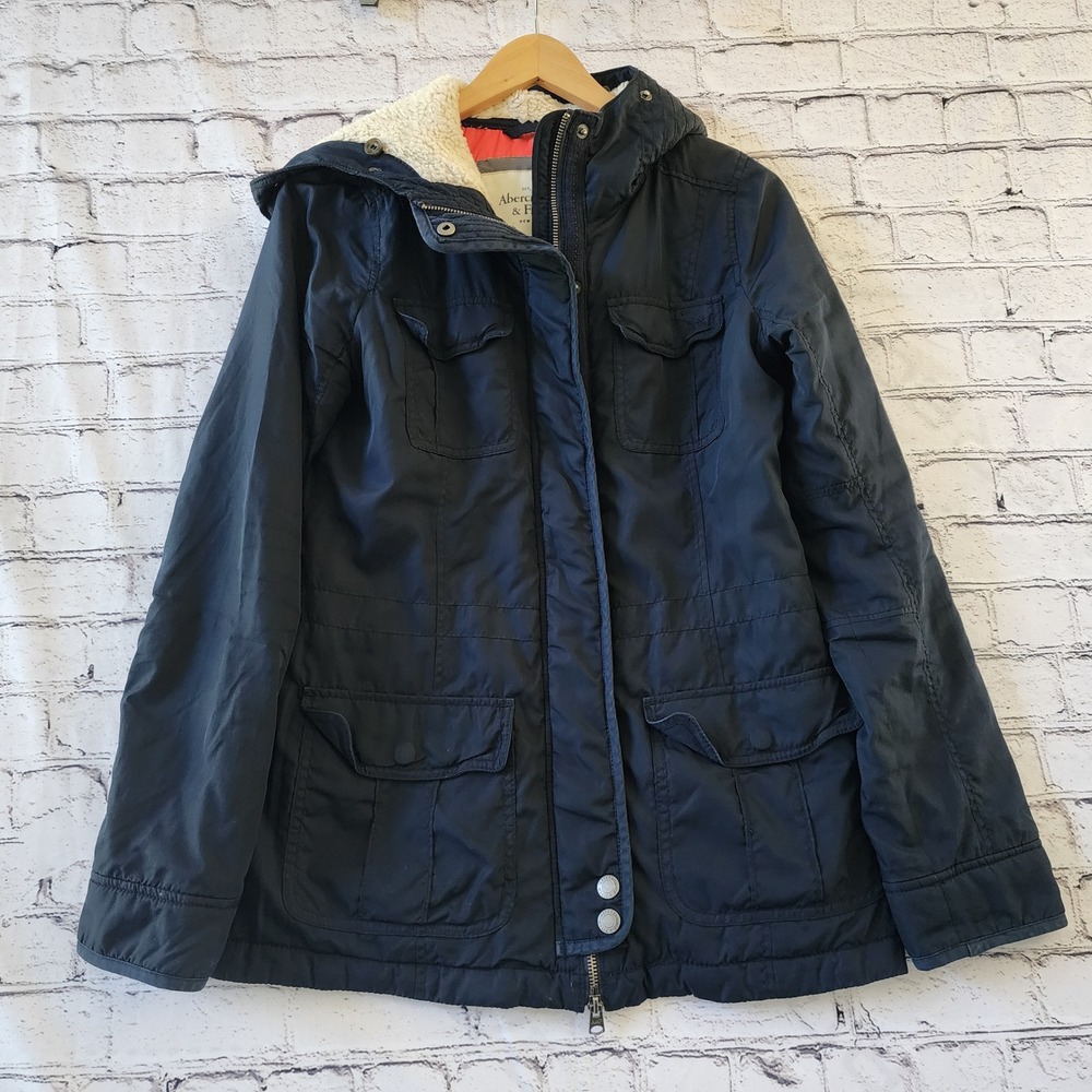Abercrombie & Fitch Y2K Womens Size S Navy Blue Sherpa Hooded Utility Jacket